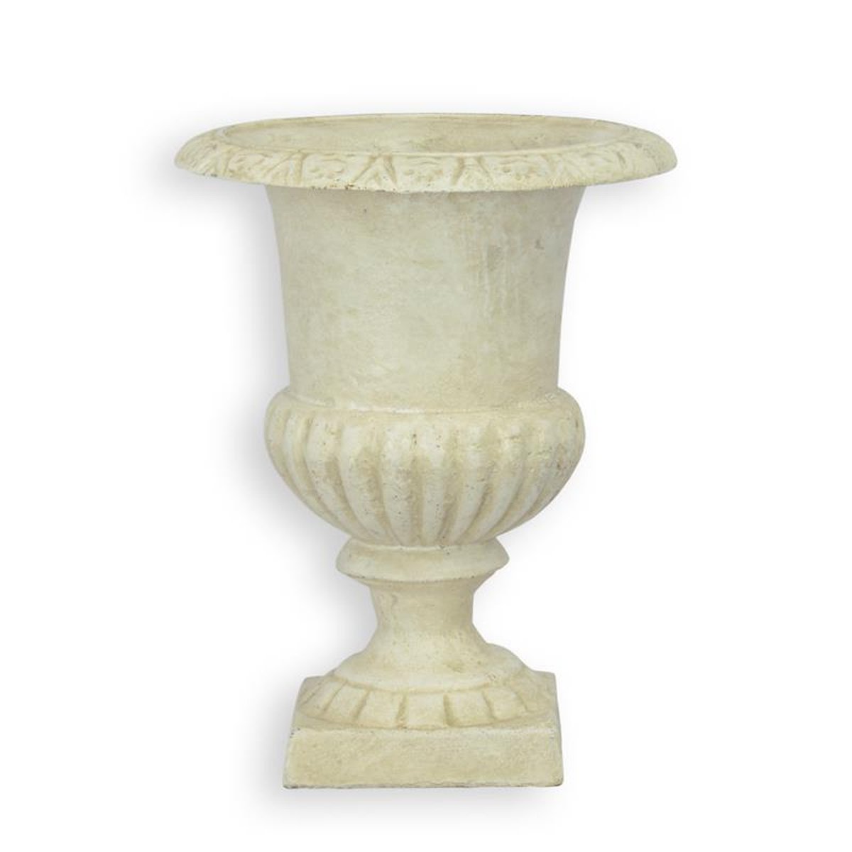 A SMALL CAST IRON URN - WHITE