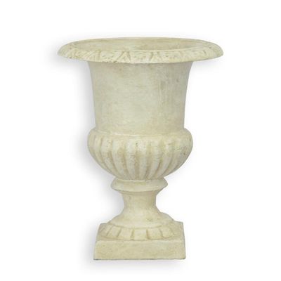A SMALL CAST IRON URN - WHITE