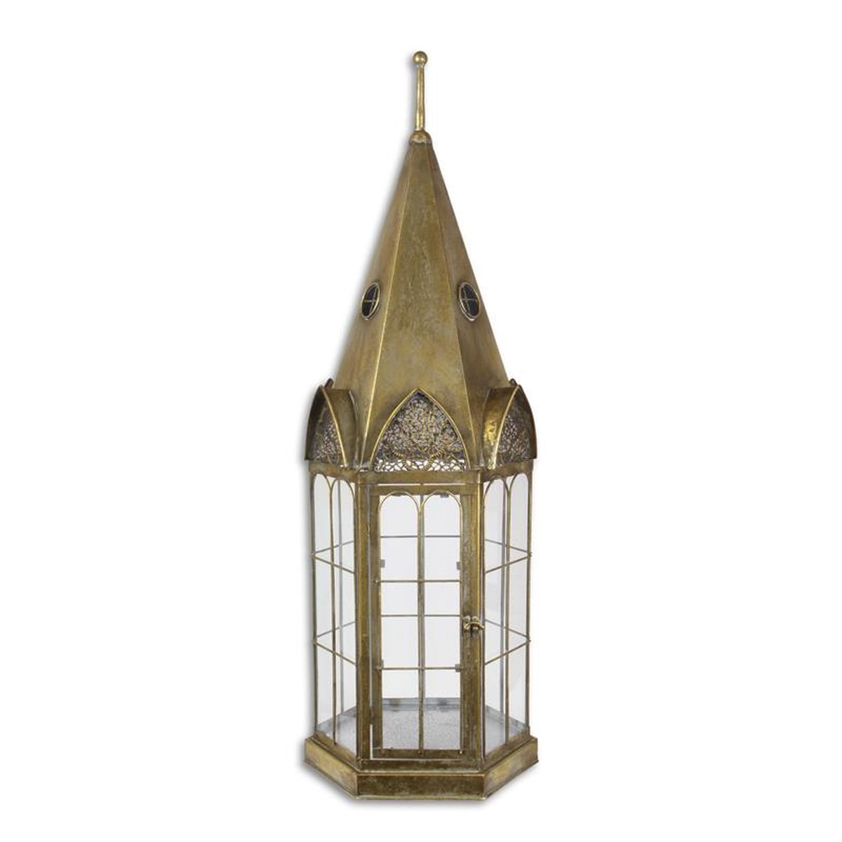 A STEEPLE SHAPED TIN LANTERN