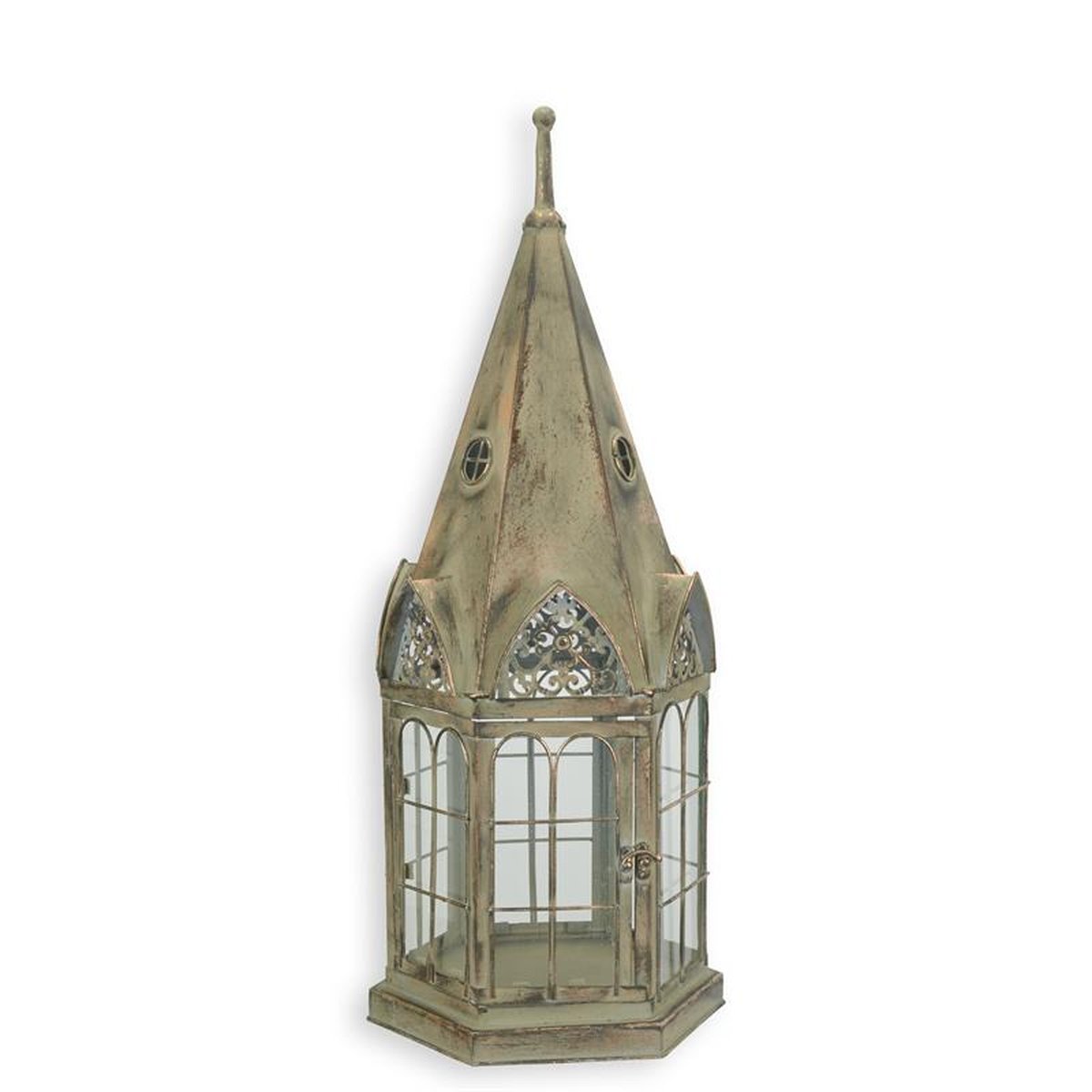 A STEEPLE SHAPED TIN LANTERN