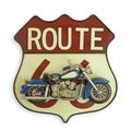A TIN 3D WALL PLAQUE ROUTE 66" MOUNTED WITH MOTORCYCLE"