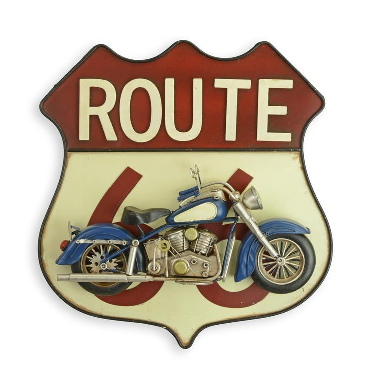 A TIN 3D WALL PLAQUE ROUTE 66" MOUNTED WITH MOTORCYCLE"