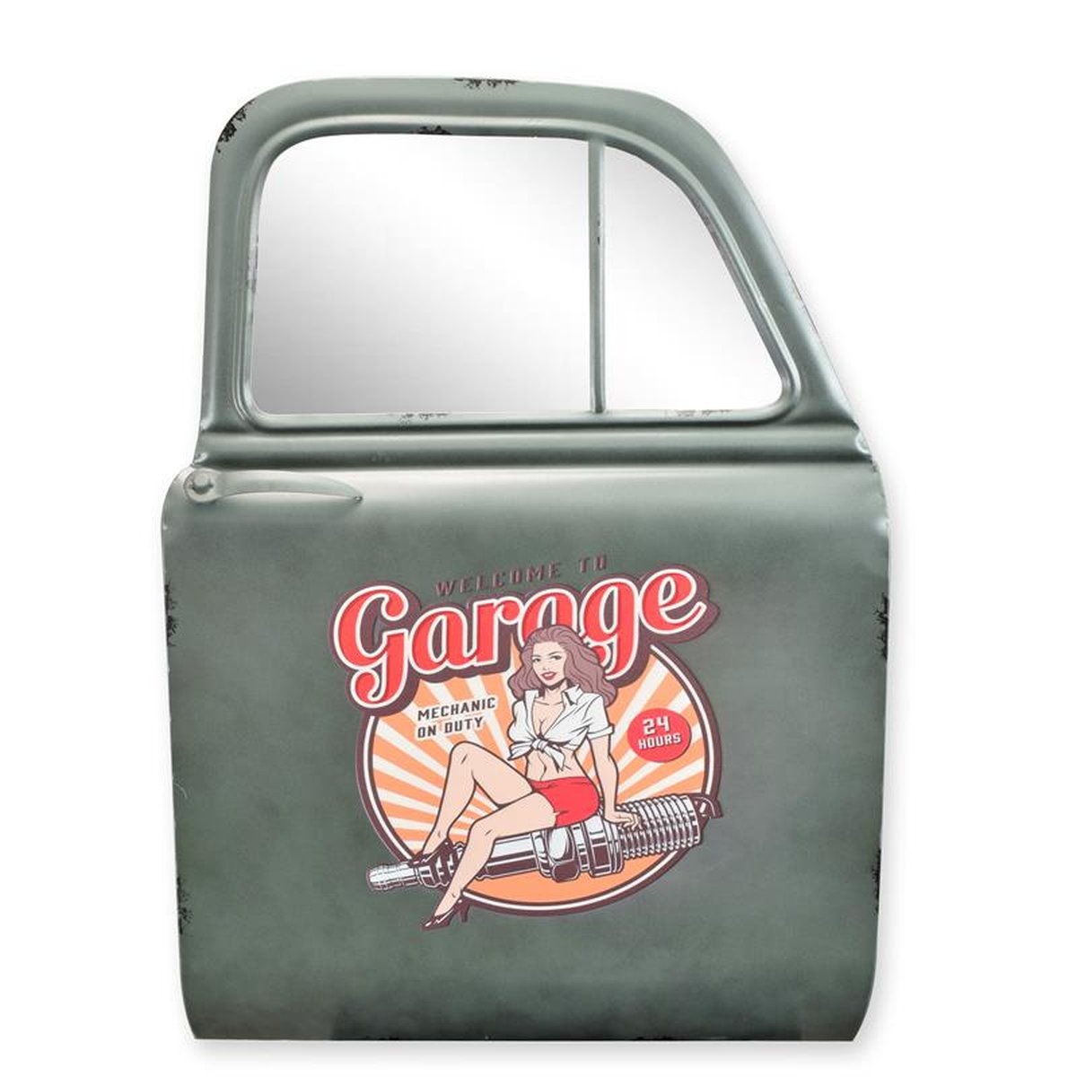 A TIN CAR DOOR WITH MIRROR - GARAGE