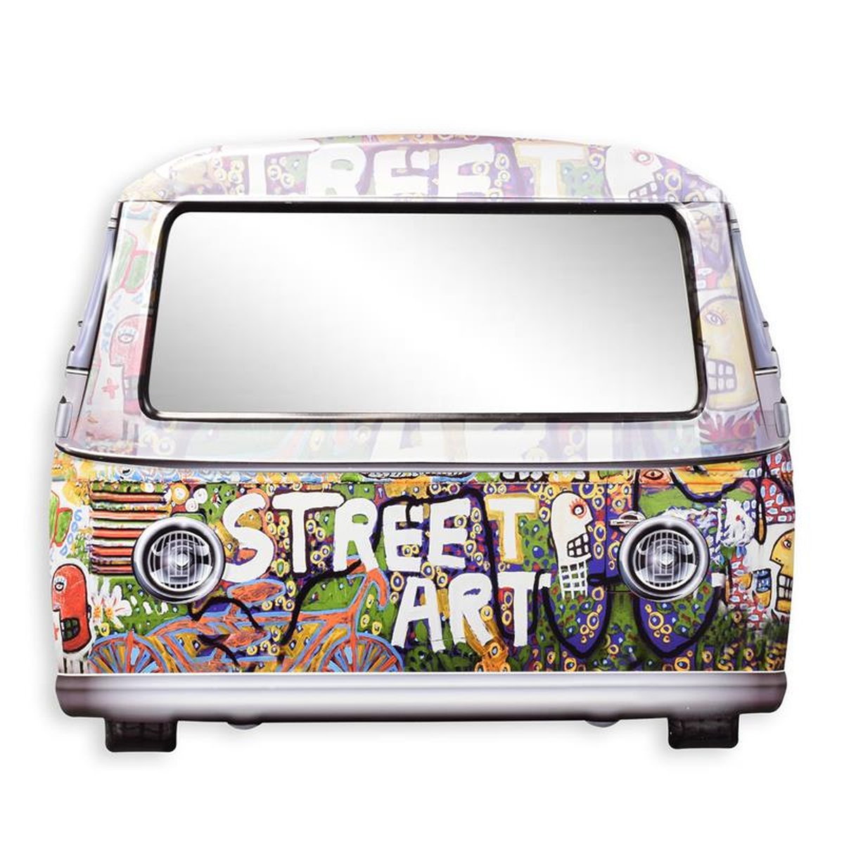 A TIN GRAFFITI COVERED VAN SHAPED MIRROR