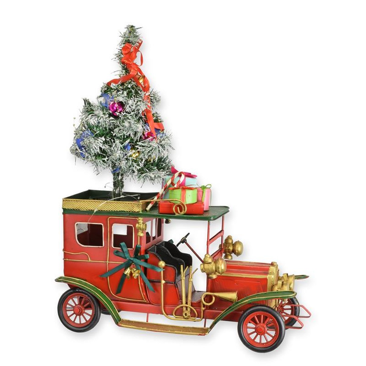 A TIN MODEL OF A CHRISTMAS STYLE CLASSIC CAR (BATTERY LIGHT)