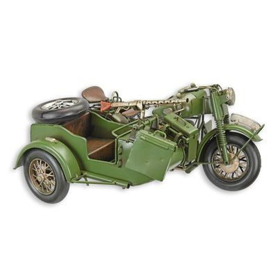 A TIN MODEL OF A MILITARY MOTORCYCLE WITH SIDECAR