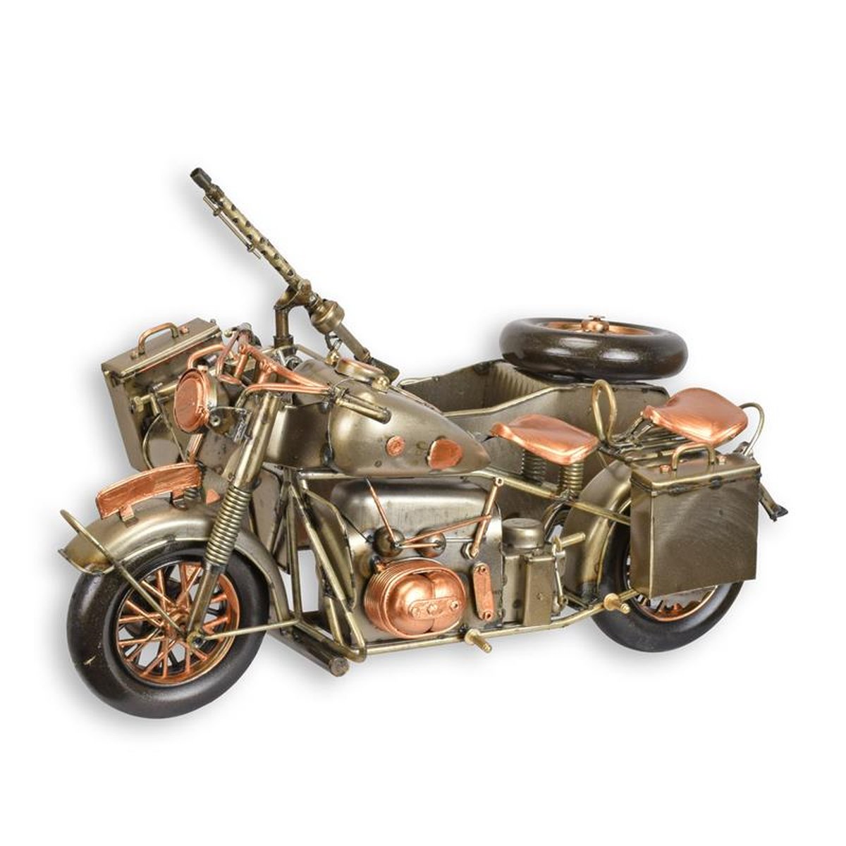 A TIN MODEL OF A MILITARY MOTORCYCLE WITH SIDECAR