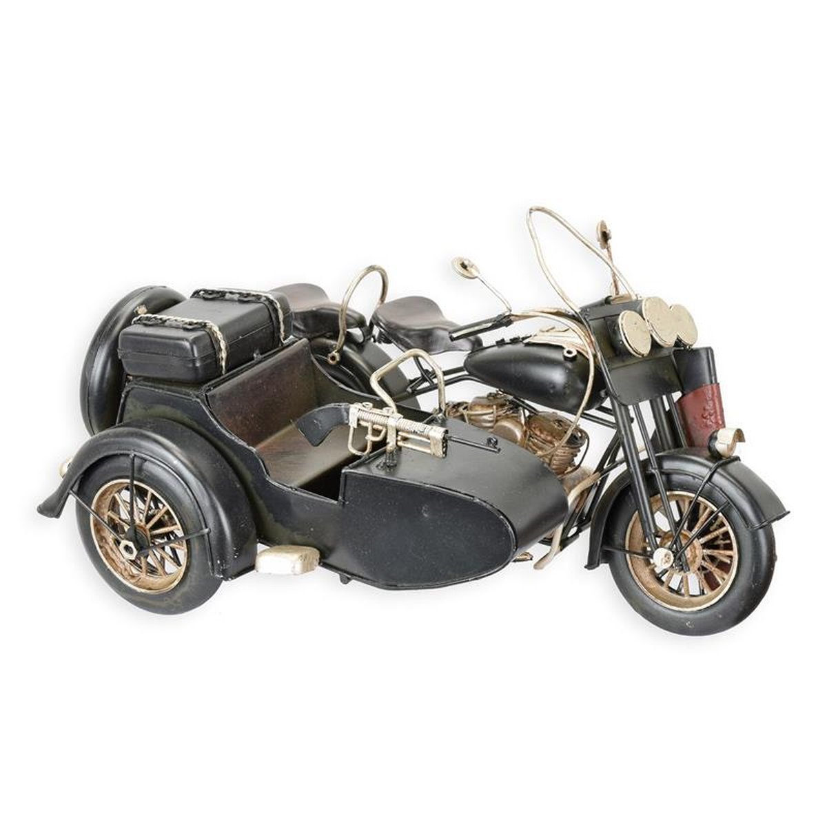 A TIN MODEL OF A MILITARY MOTORCYLE WITH SIDECAR