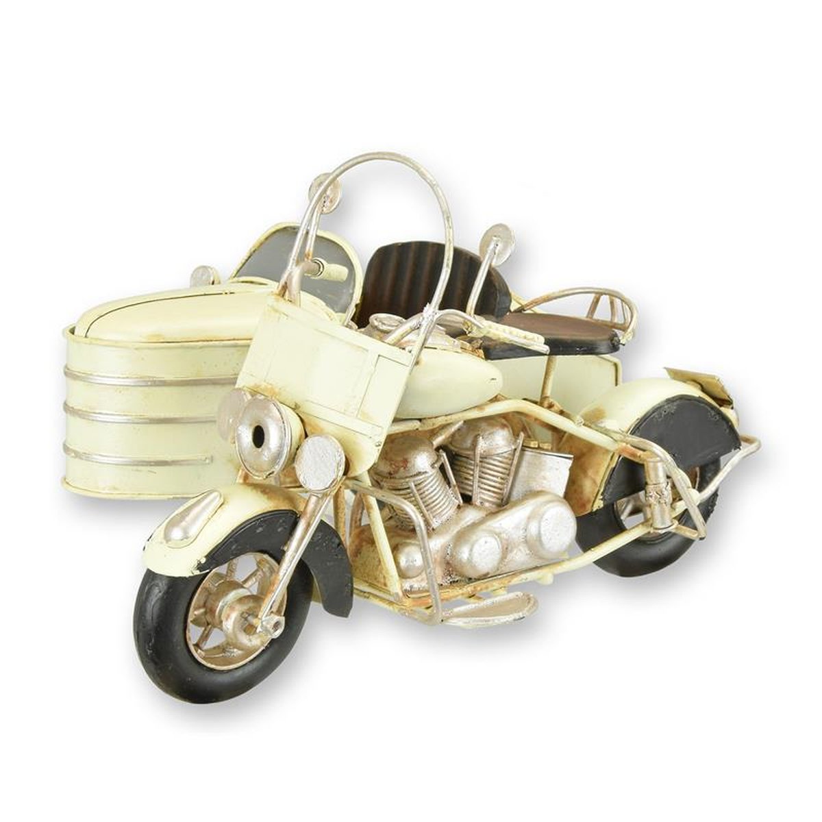 A TIN MODEL OF A MOTORCYCLE WITH SIDE CAR