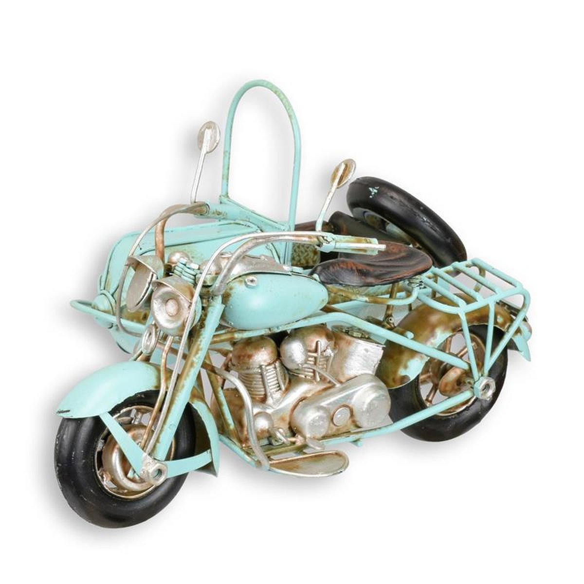 A TIN MODEL OF A MOTORCYCLE WITH SIDE CAR