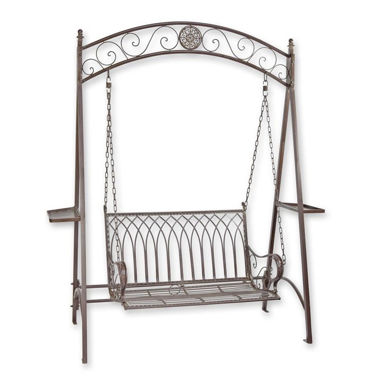 A TWO-SEAT IRON SWINGBENCH - BROWN