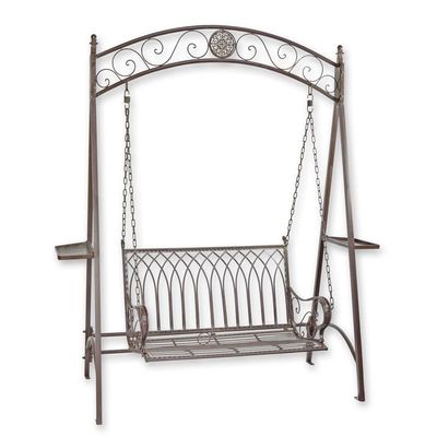 A TWO-SEAT IRON SWINGBENCH - BROWN