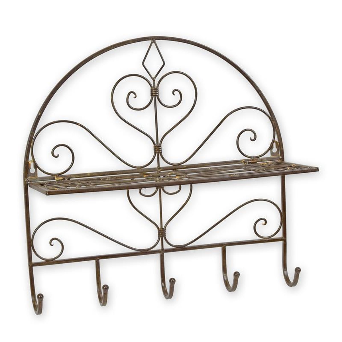 A WALL MOUNT FOLDABLE IRON SHELF WITH HOOKS - BROWN