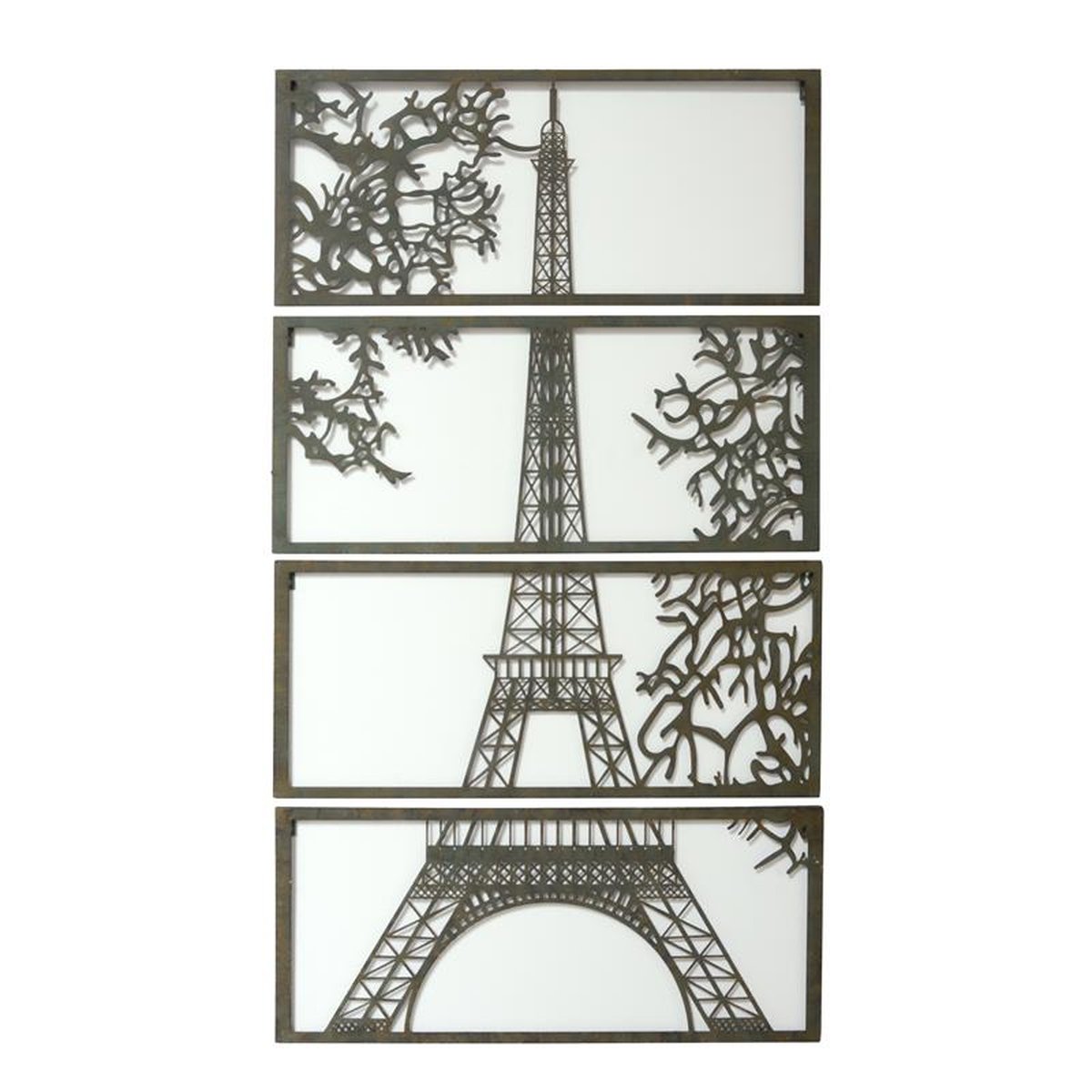 A WALL MOUNT IRON FOUR-PANEL DEPICTING THE EIFFEL TOWER