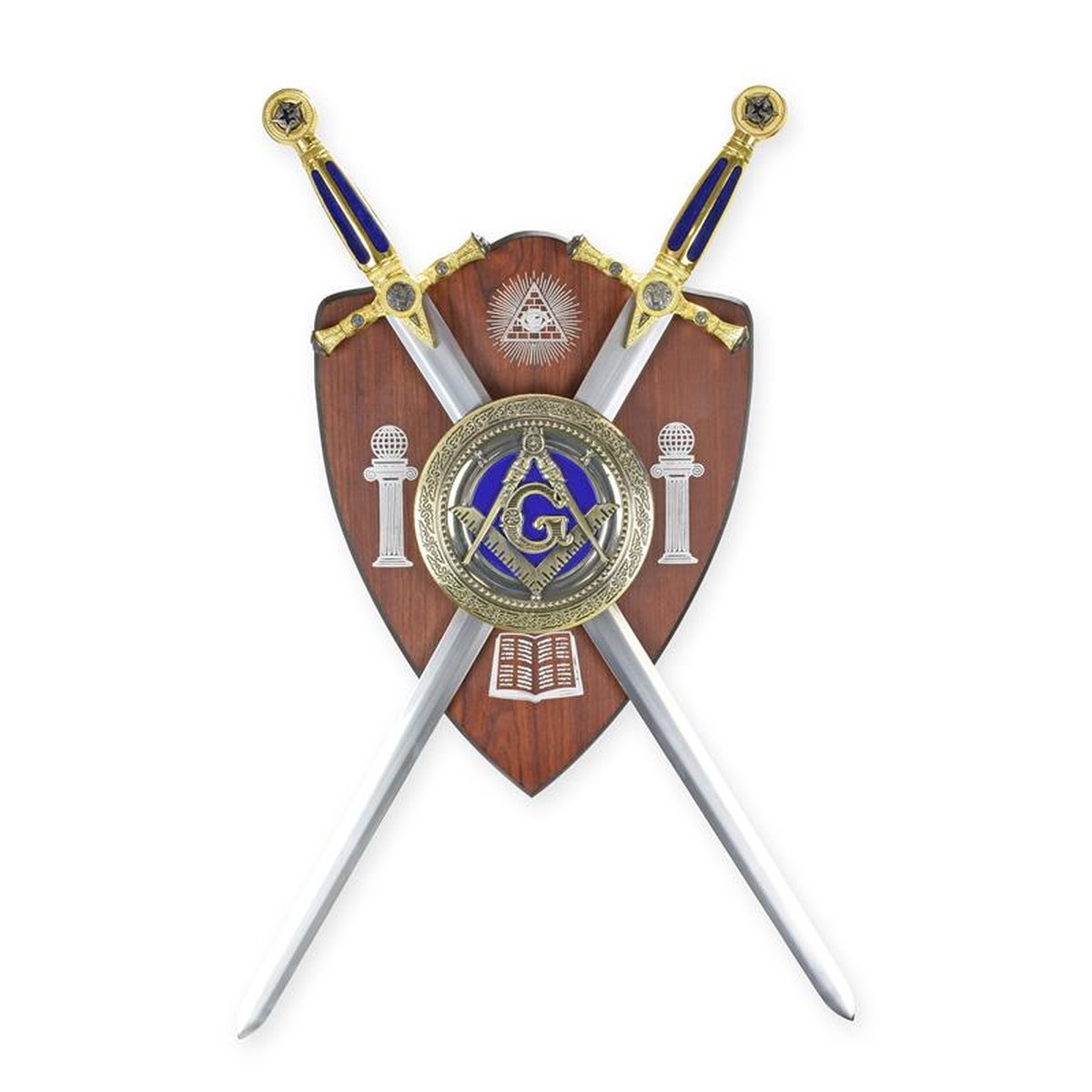 A WALL-MOUNTED SWORD DISPLAY WITH TWO SHORT SWORDS