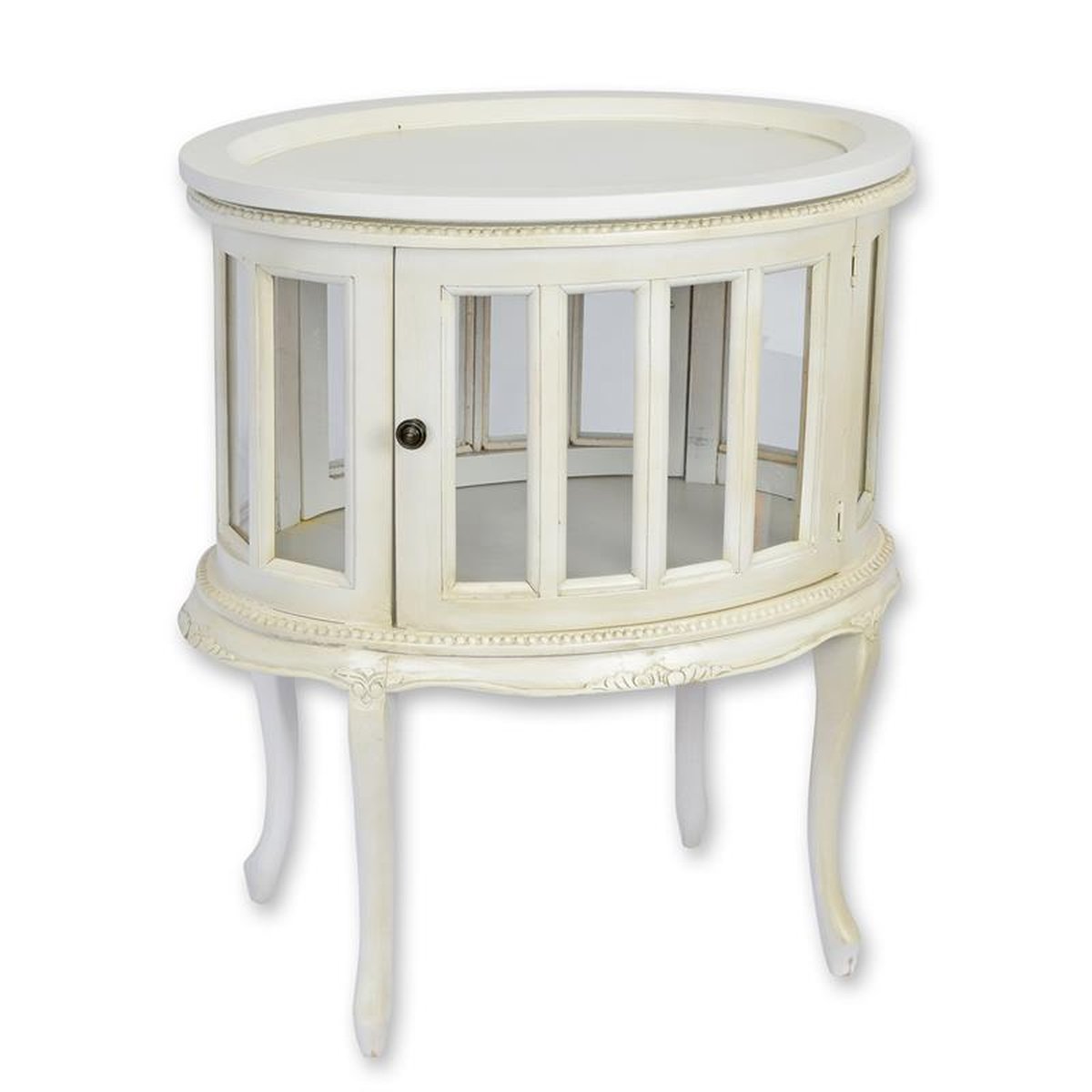 A WOODEN DUMBWAITER TEA TABLE - ANTIQUE WHITE - OVAL
