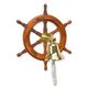 A WOODEN STEERING WHEEL WITH BELL