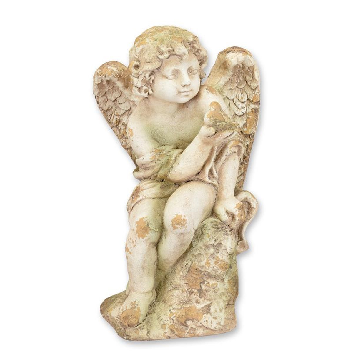 AN ANTIQUE STYLE MGO SCULPTURE OF A PUTTO HOLDING A BIRD