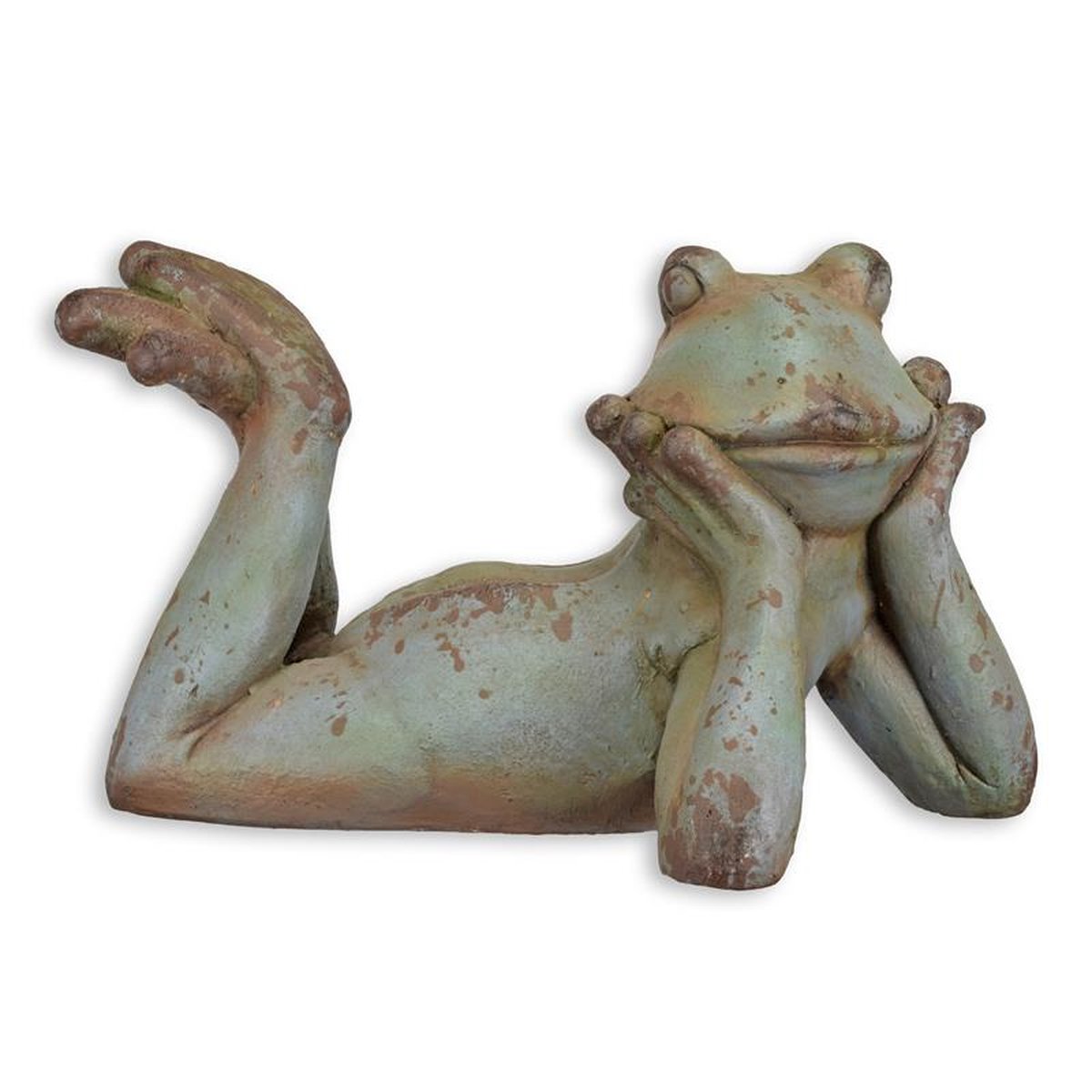 AN ANTIQUE STYLE MGO SCULPTURE OF A RECLINING FROG