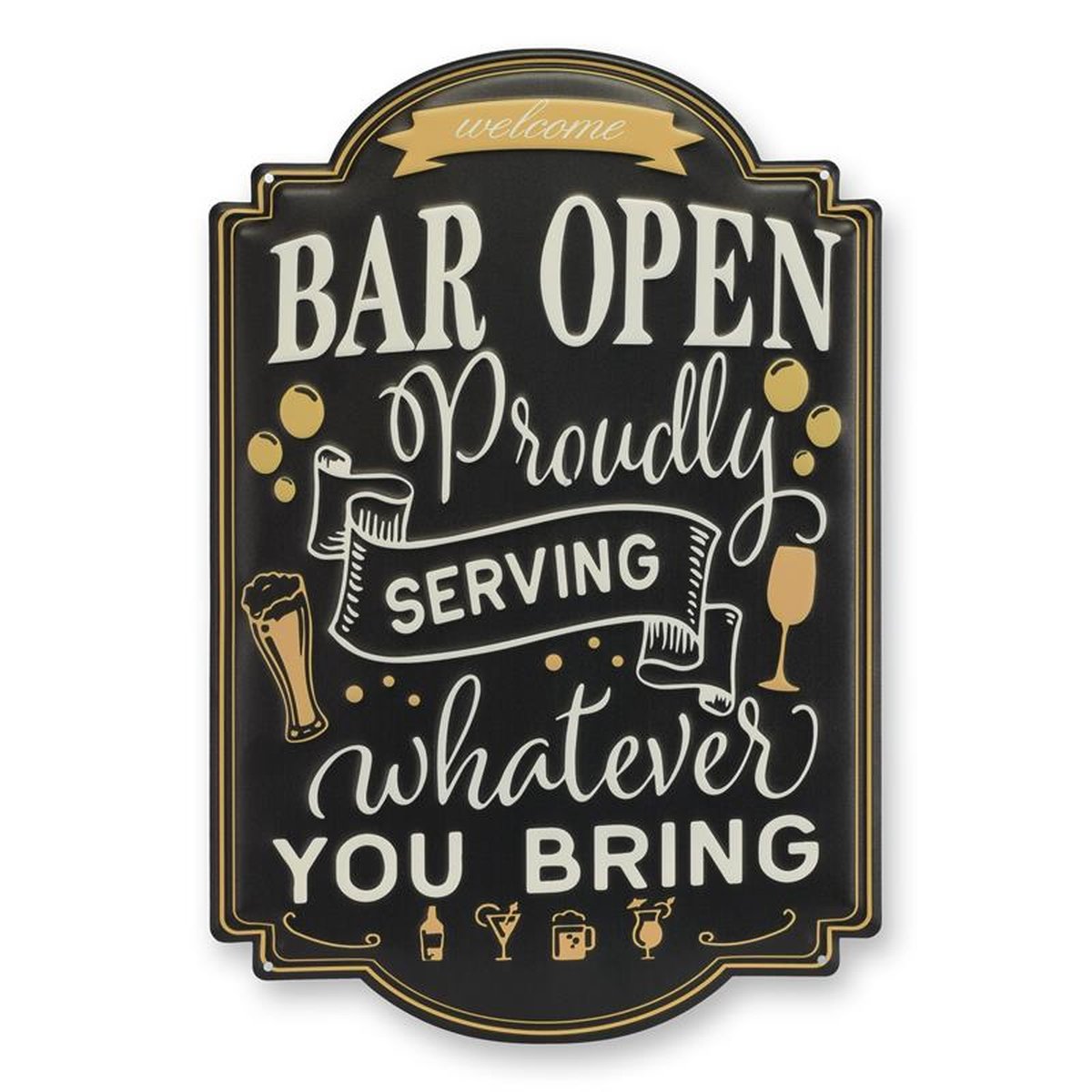 AN EMBOSSED TIN PLATE - BAR OPEN