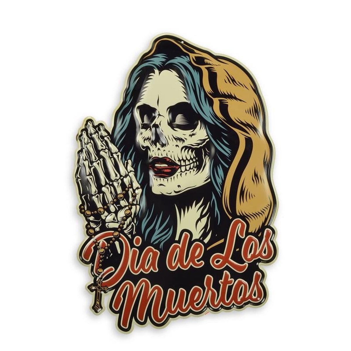 AN EMBOSSED TIN PLATE - DIA DE LOS MUERTOS