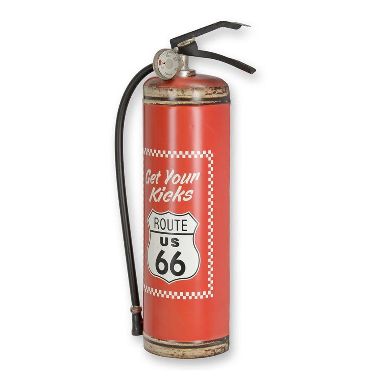 AN EMBOSSED TIN PLATE - FIRE EXTINGUISHER RED