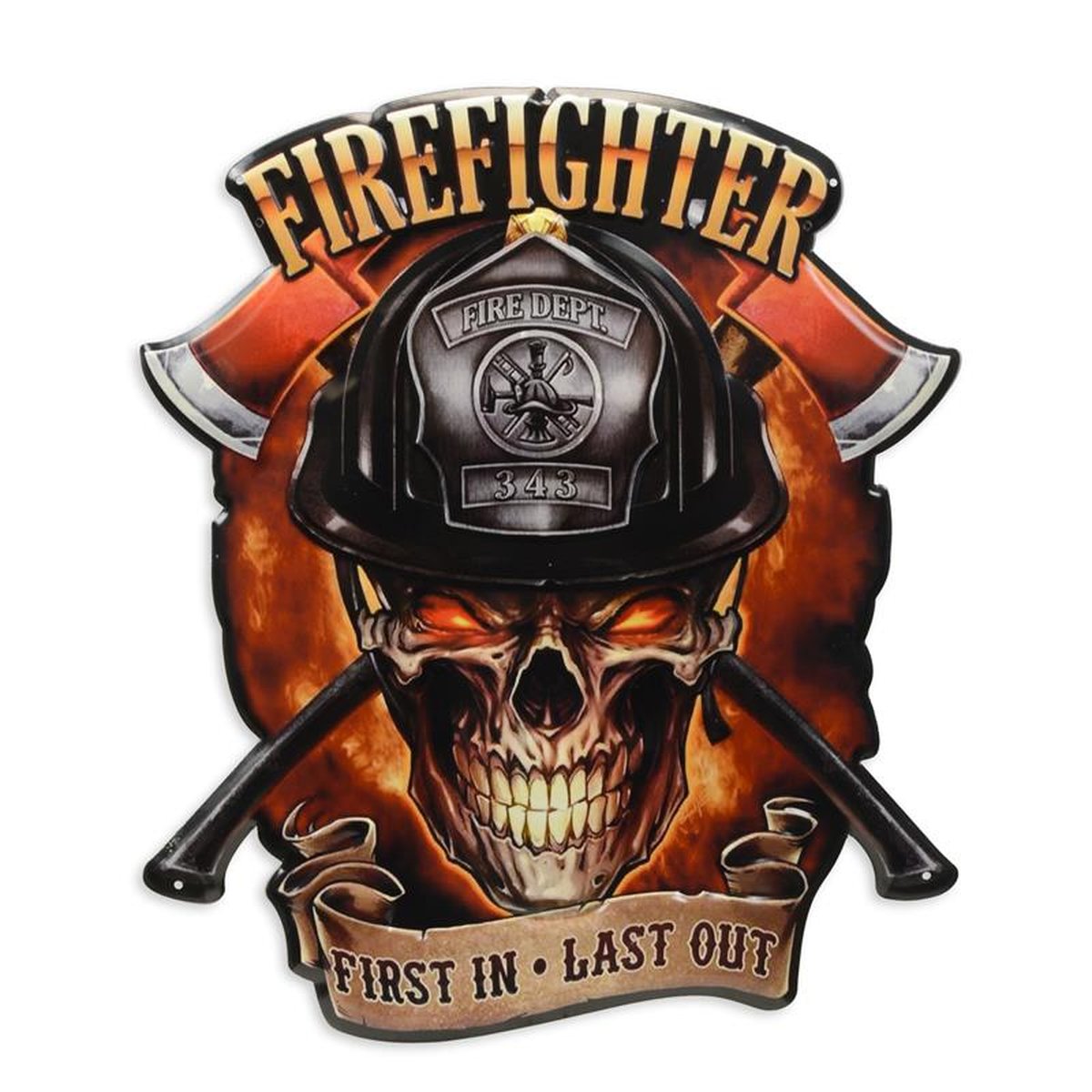 AN EMBOSSED TIN PLATE - FIRE FIGHTER