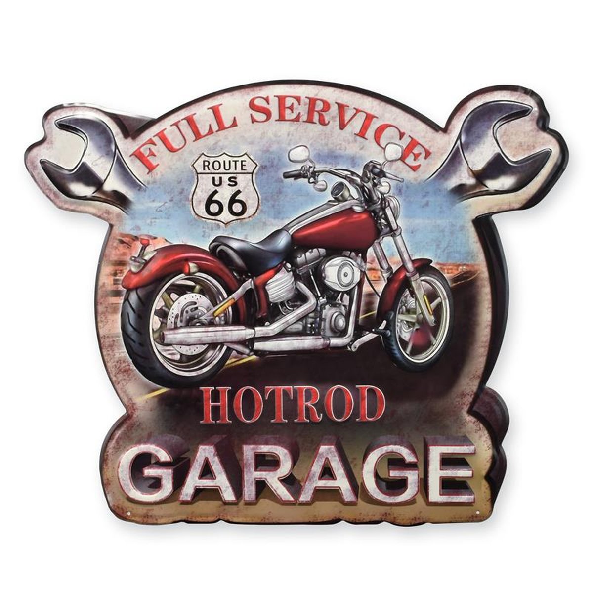 AN EMBOSSED TIN PLATE - FULL SERVICE HOTROD GARAGE