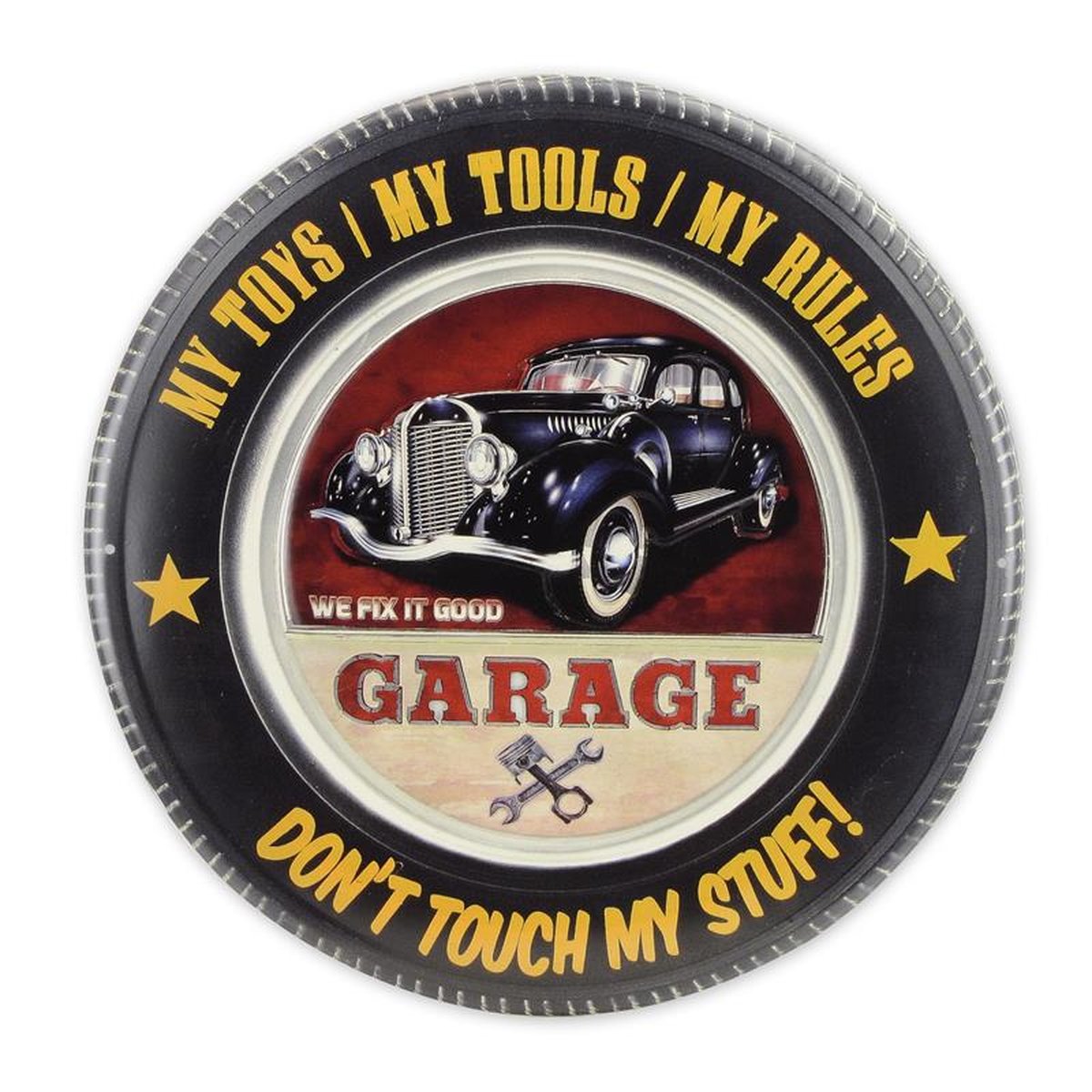 AN EMBOSSED TIN PLATE - GARAGE