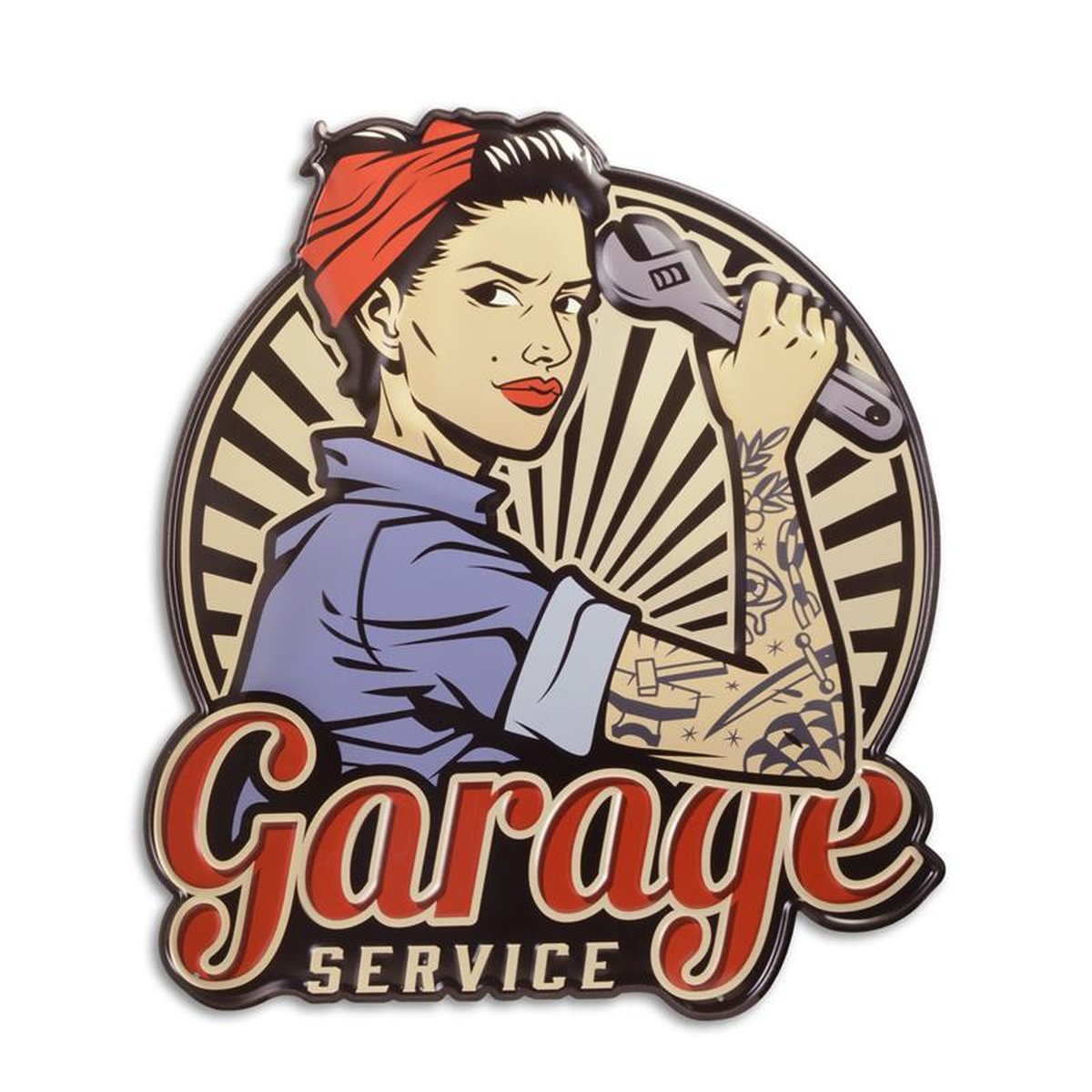 AN EMBOSSED TIN PLATE - GARAGE SERVICE