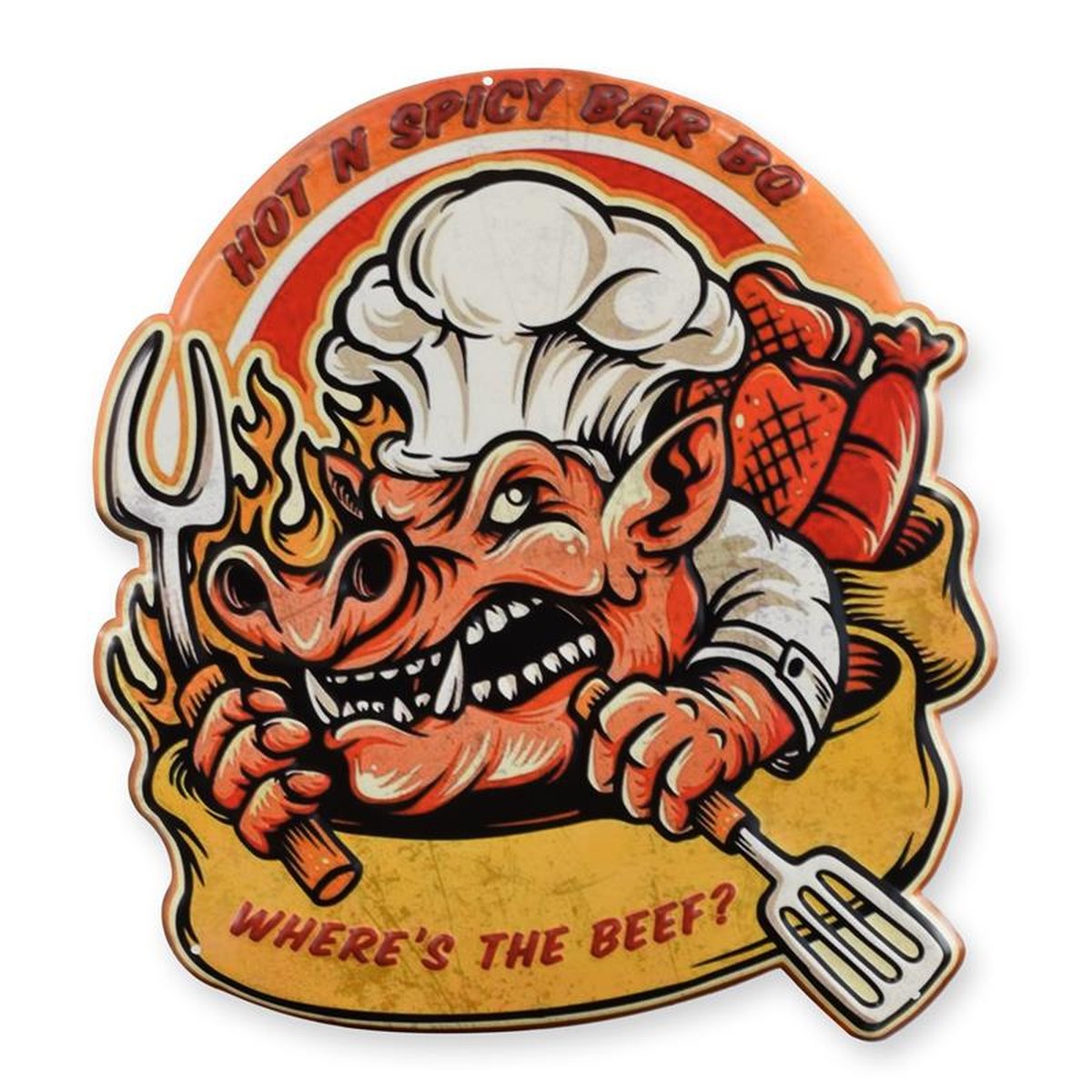 AN EMBOSSED TIN PLATE - HOT N SPICY BAR BQ