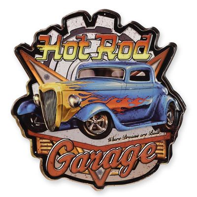 AN EMBOSSED TIN PLATE - HOT ROD GARAGE