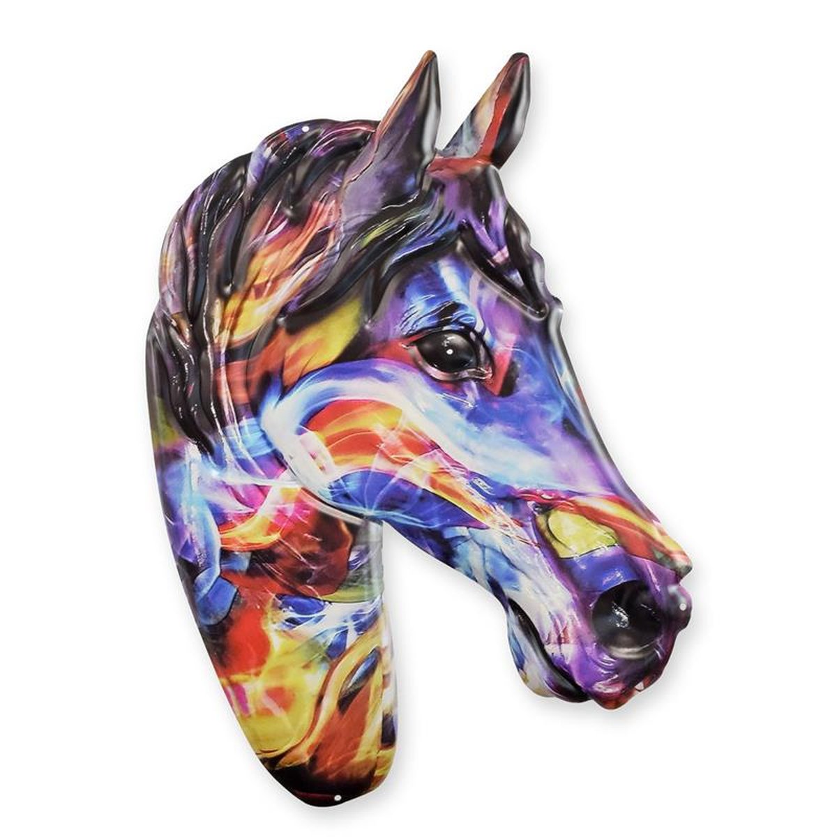 AN EMBOSSED TIN PLATE - MULTI COLOURED HORSE HEAD