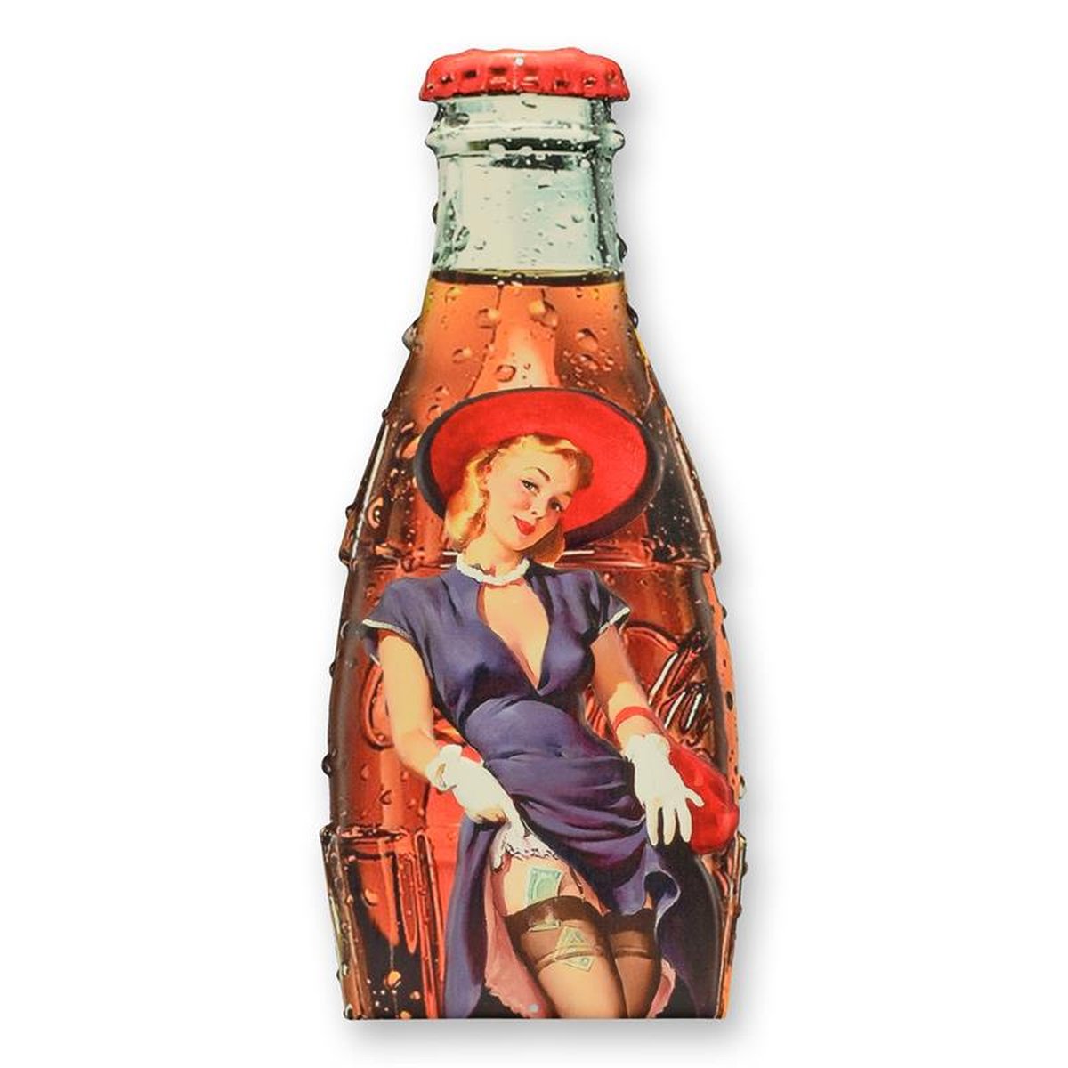 AN EMBOSSED TIN PLATE - PIN-UP WITH SODA BOTTLE