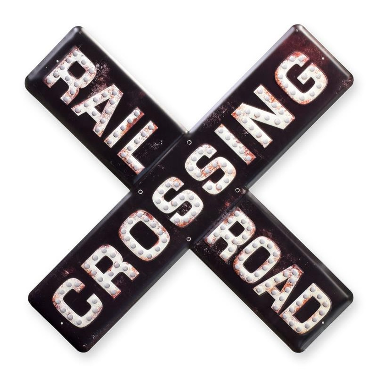 AN EMBOSSED TIN PLATE - RAILROAD CROSSING