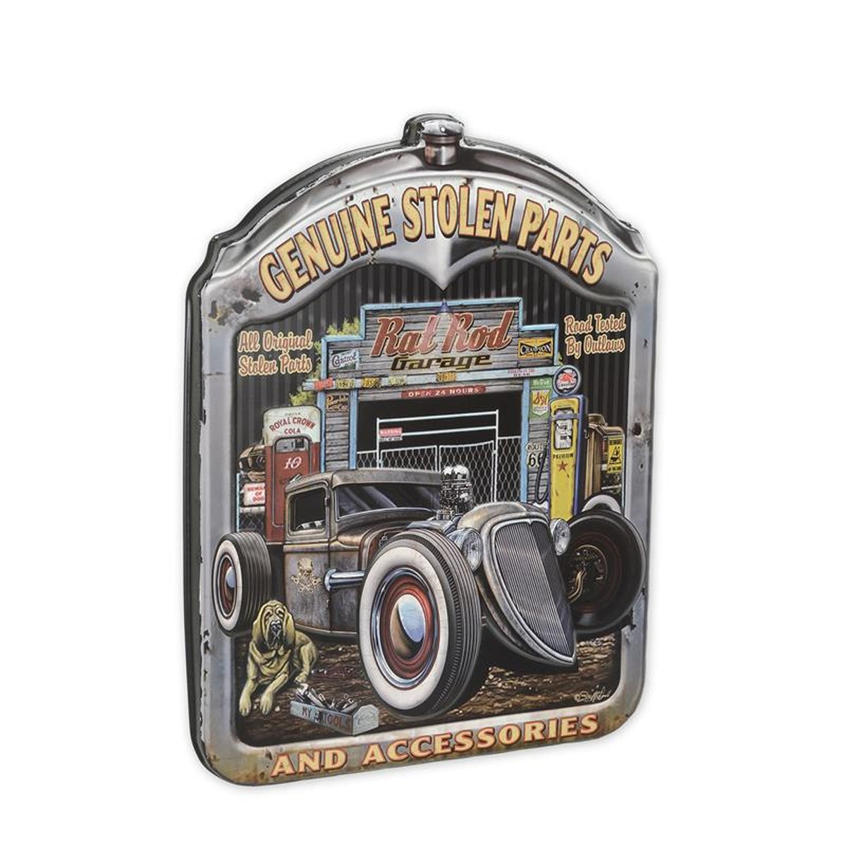 AN EMBOSSED TIN PLATE - RAT-ROD-GARAGE