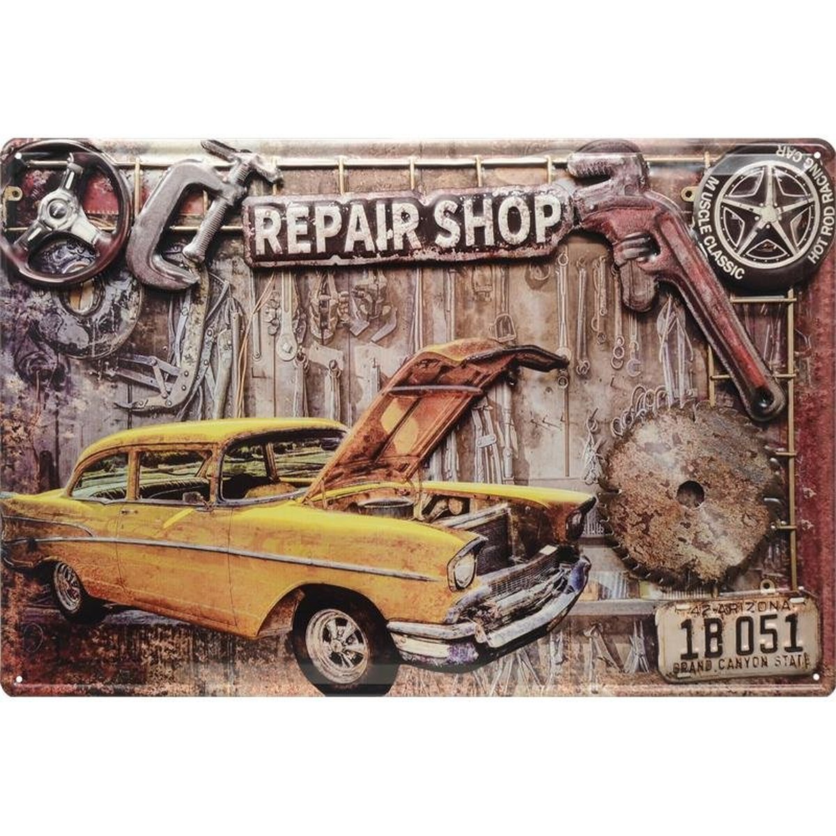 An Embossed Tin Plate - Repair Shop