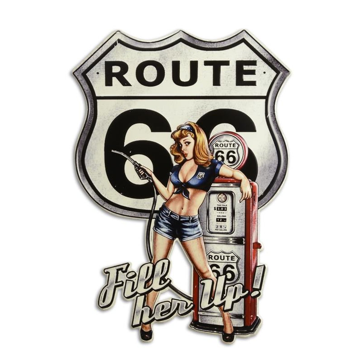 AN EMBOSSED TIN PLATE - ROUTE 66, FILL HER UP