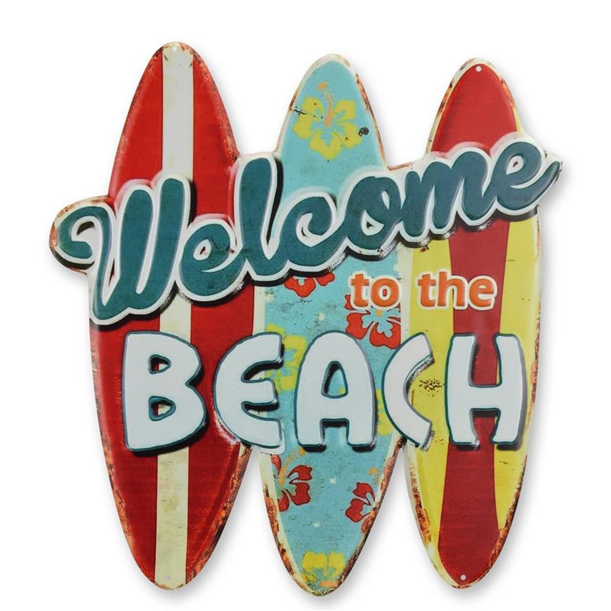 AN EMBOSSED TIN PLATE - WELCOME TO THE BEACH