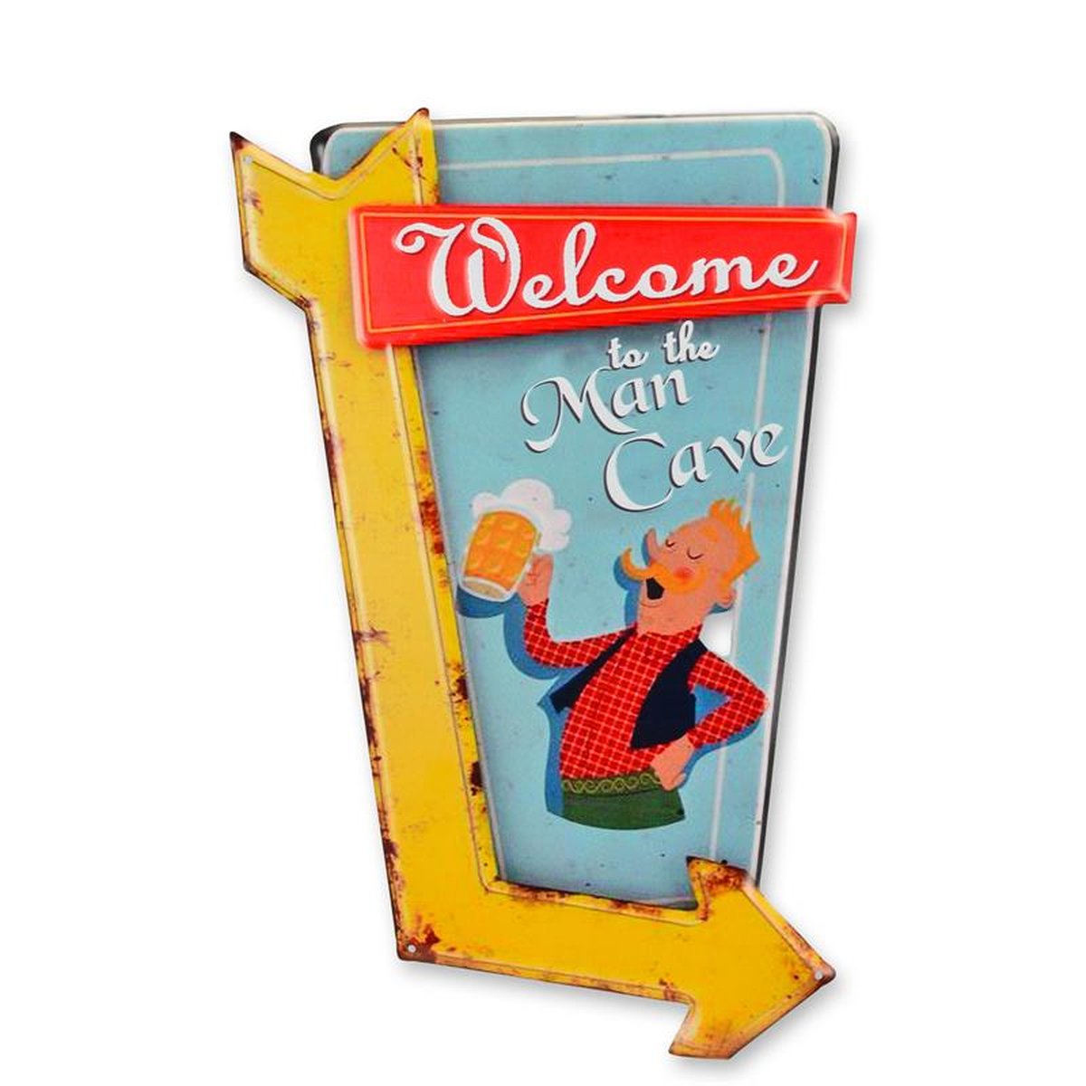 AN EMBOSSED TIN PLATE - WELCOME TO THE MAN CAVE