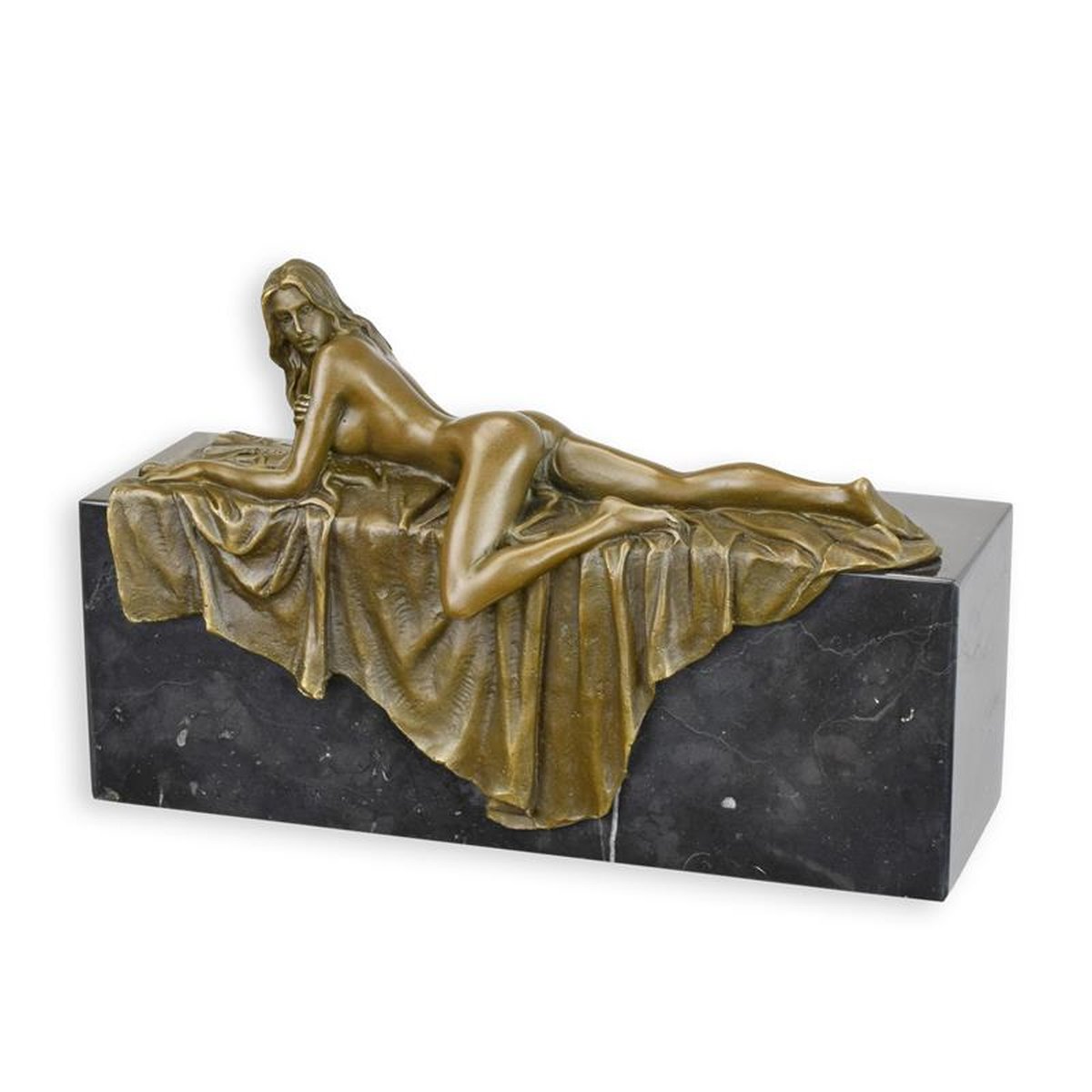 AN EROTIC BRONZE SCULPTRURE OF A RECUMBENT FEMALE NUDE