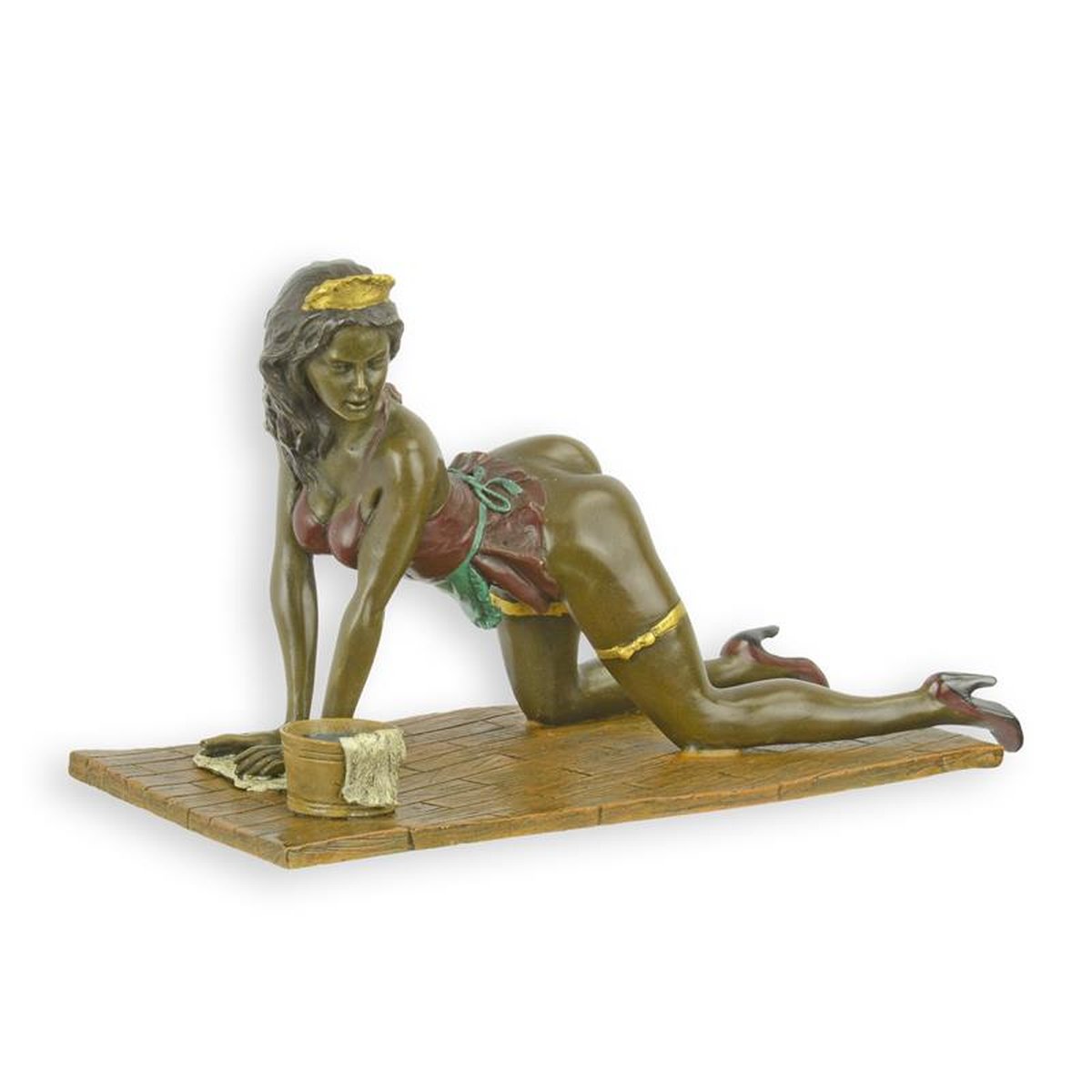 AN EROTIC BRONZE SCULPTURE OF A LADY SCRUBBING THE FLOOR