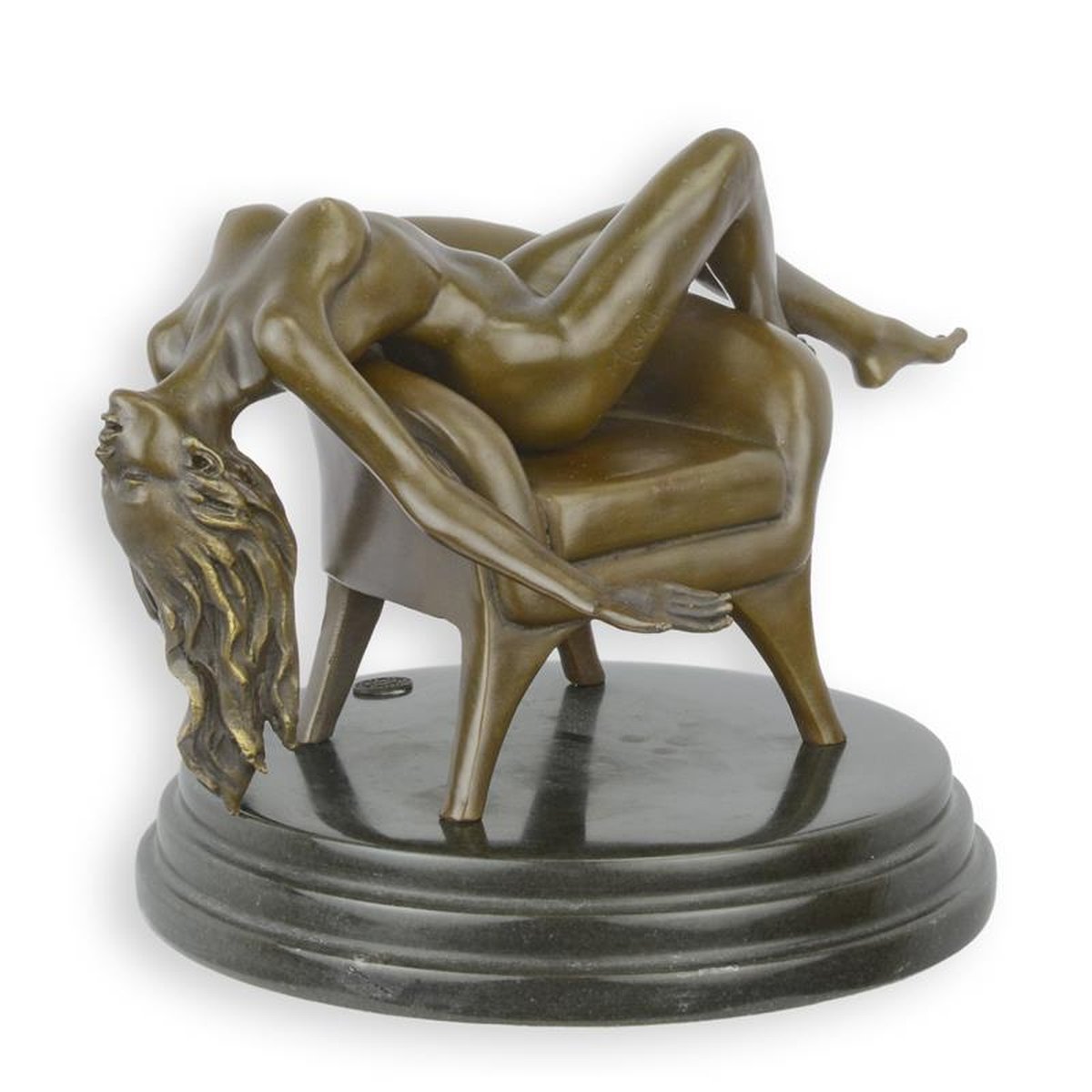 AN EROTIC BRONZE SCULPTURE OF A RECLINING FEMALE NUDE