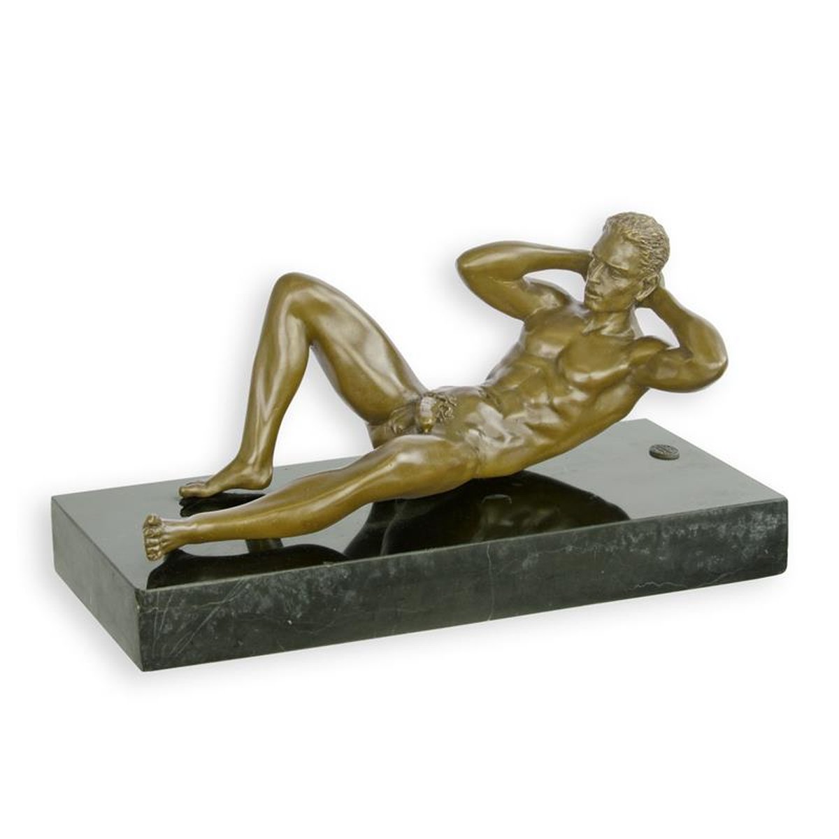 AN EROTIC BRONZE SCULPTURE OF A RECUMBENT MALE NUDE