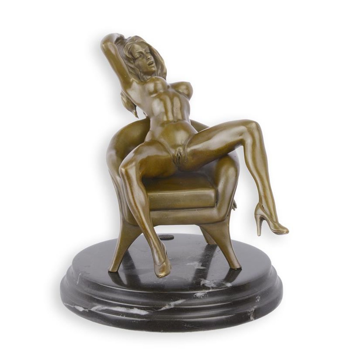AN EROTIC BRONZE SCULPTURE OF A SEATED FEMALE NUDE