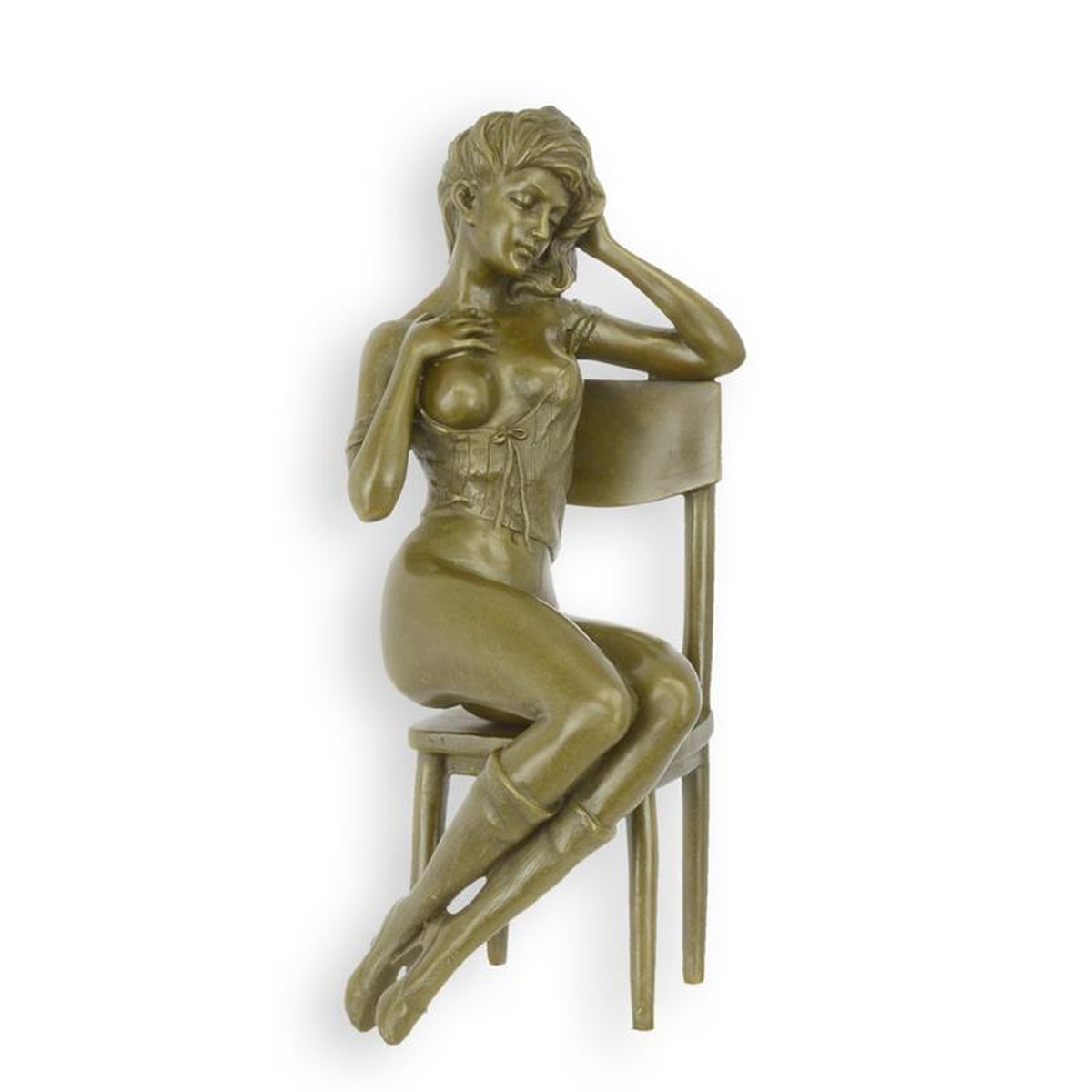 AN EROTIC BRONZE SCULPTURE OF A SEMI NUDE FEMALE ON CHAIR