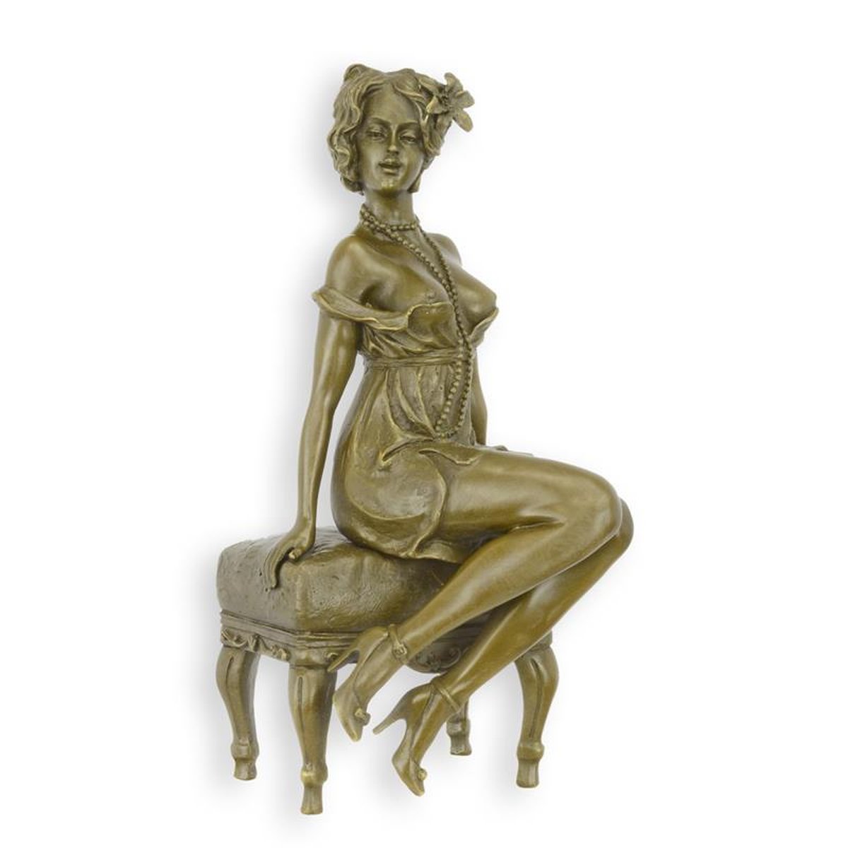 AN EROTIC BRONZE SCULPTURE OF A SEMI NUDE FEMALE ON CHAIR