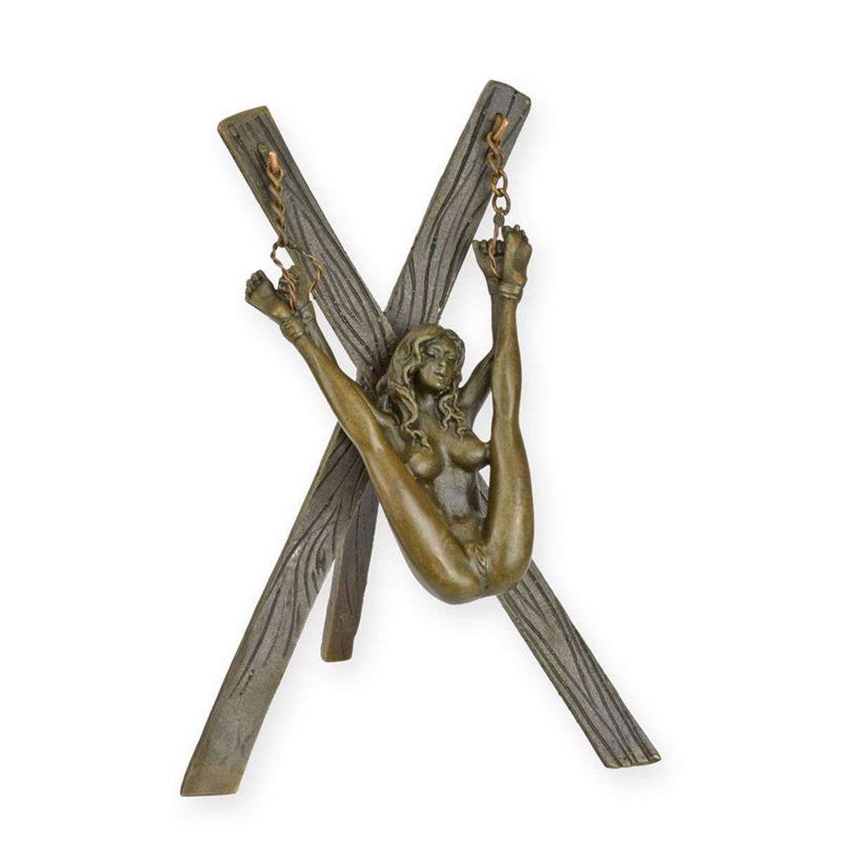 AN EROTIC BRONZE SCULPTURE OF A WOMAN CHAINED TO A CROSS
