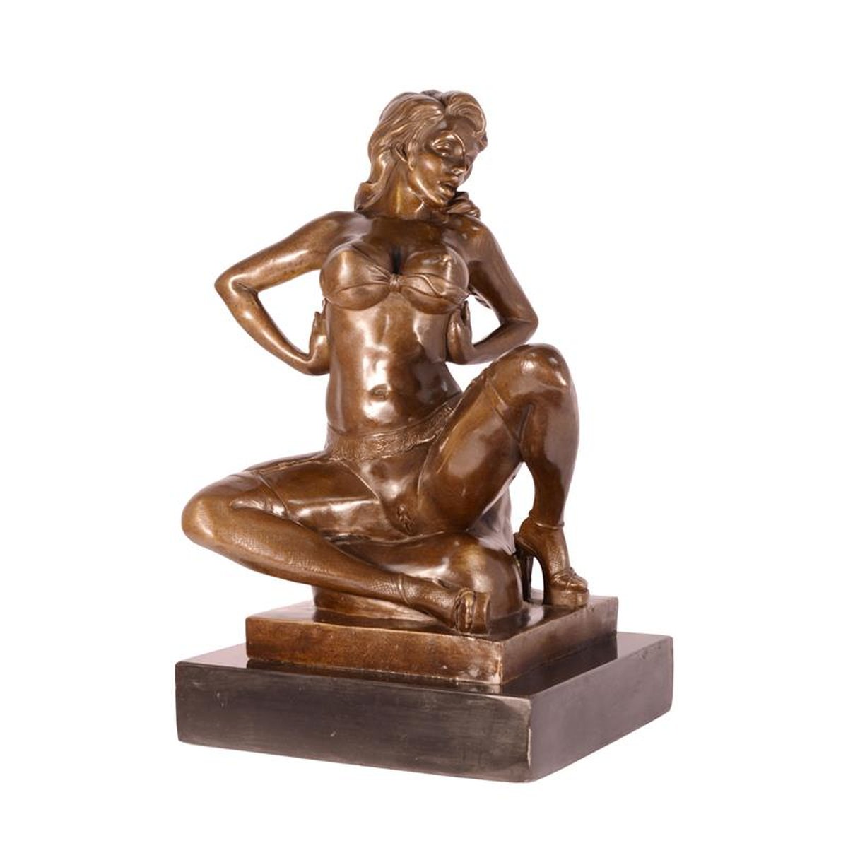 AN EROTIC BRONZE SCULPTURE OF SEMI NUDE FEMALE TAKING OFF HE