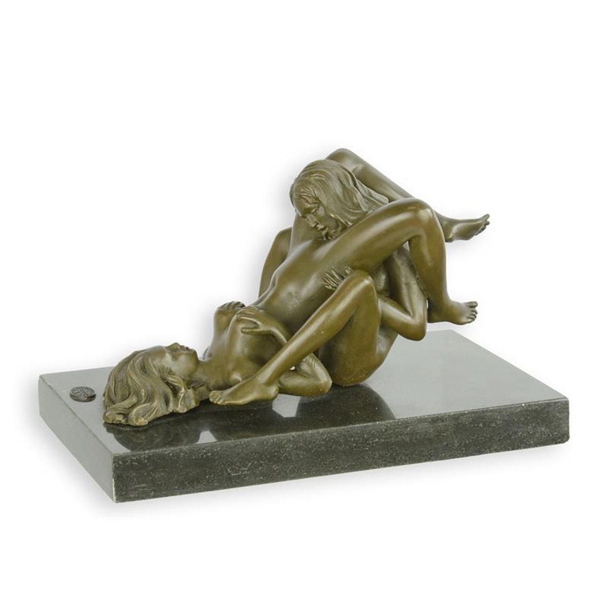 AN EROTIC BRONZE SCULPTURE OF TWO FEMALE NUDES DOING ORAL
